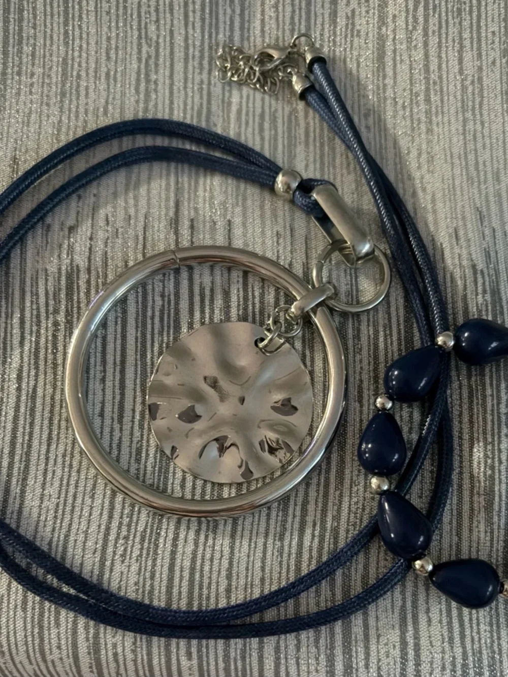Navy Cord Necklace with Silver Disc Pendant and Navy Bead Bracelet Set
